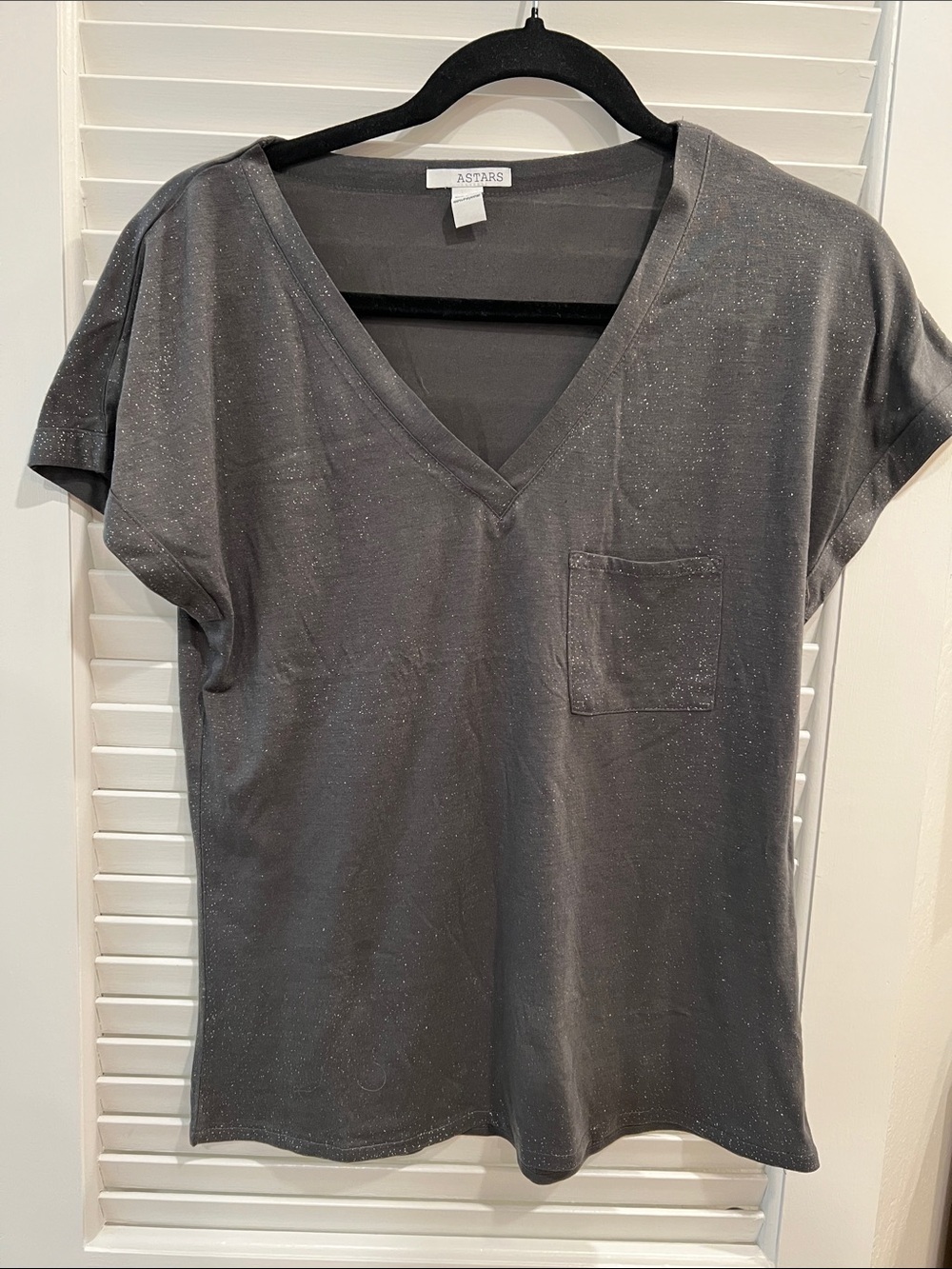 Astars Charcoal Glitter V-Neck Pocket Tee